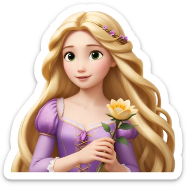 Cinematic Realistic Rapunzel Portrait, with porcelain-like skin featuring a subtle, natural glow, illuminated by soft lighting that brings out the gentle contours of her face. Her long, golden blonde hair cascades in detailed waves, each strand highlighted with a radiant shimmer as it catches the light. She playfully holds a flower in one hand, her other hand resting casually in her lap, with a warm and spirited expression. Her bright, expressive green eyes exude curiosity and warmth, framed by delicate lashes and soft, arched brows. She is dressed in her classic lavender and pink gown, the fabric textured with delicate folds that flow naturally, catching the light with a soft, radiant glow. The portrait captures a luminous, enchanting aura, seamlessly blending realism with a whimsical, fairytale charm, evoking a timeless sense of beauty and magic. sticker