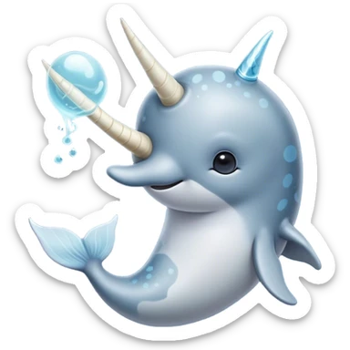 Cinematic Noble Narwhal Portrait Emoji, Poised and majestic, with a robust, streamlined body draped in mottled, silvery-gray skin, featuring a long, spiraled, ivory tusk and deep, thoughtful eyes that exude ancient oceanic wisdom, Simplified yet sharp and sophisticated features, highly detailed, glowing with a soft, ethereal arctic glow, high shine, intelligent and enigmatic, stylized with an air of mythical marine grandeur, focused and graceful, soft glowing outline, capturing the essence of a watchful and confident sea unicorn that appears ready to glide out of the screen with timeless authority! sticker