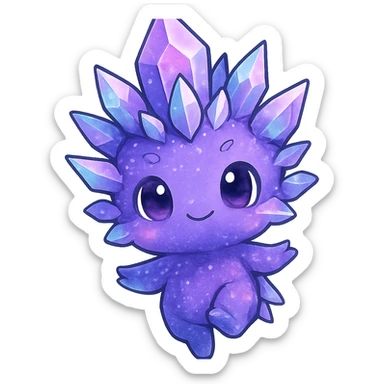 chibi kawaii crystal sprite creature in purple, blue, and pink colors, floating pose, cute and adorable sticker