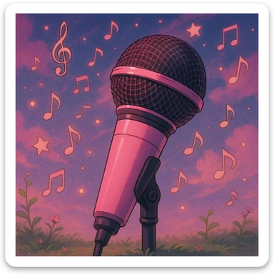 microphone with black and pink accents, dreamy lighting, whimsical and musical, Ghibli style, BLACKPINK inspired sticker