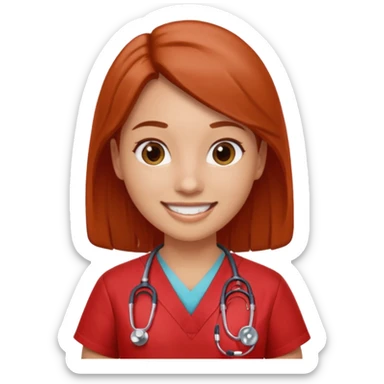 Medical assistant wearing redish scrubs with sethscope  sticker