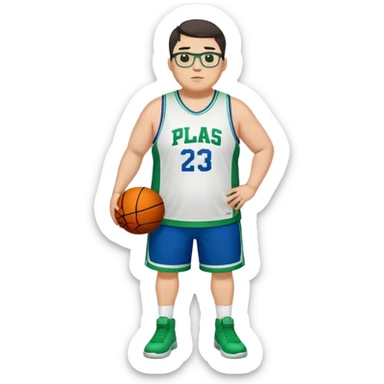 Full Body plus size white male with dark short hair basketball player wearing glasses wearing blue green uniform sticker