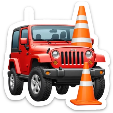 red Jeep Wrangler crushing a completely all-white traffic cone with no orange, no stripes, no markings under its tires, emoji style sticker