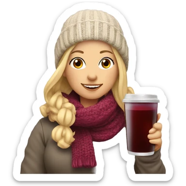 Woman with blonde Hair, wearing a scarf and Knit hat. Shes holding hot cup with mulled wine  sticker