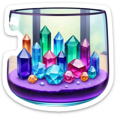 Close-up of vibrant, multicolored crystals growing in a glass container on a wooden table. Crystals in shades of purple, blue, green, pink, and clear are forming in various shapes and sizes. Soft light shines on them. Cozy indoor setting with plants and soft decor in the background. sticker