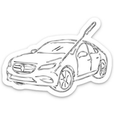 hand-drawn outlined icon of a high-end car with a rod tool touching a dent, matte black, fine silver lines, minimal sticker