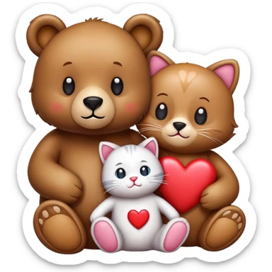 a bear and a kitty sitting together with their two cats, hearts above them, emoji style sticker