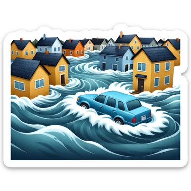 showing a flood disaster scene with strong water waves overflowing streets, partially submerged houses and cars, dark cloudy sky sticker