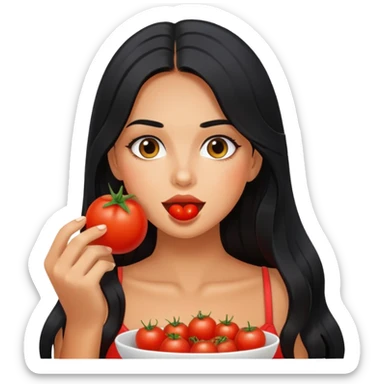 Pretty tanned girl with long black hair, eating tomatoes sticker