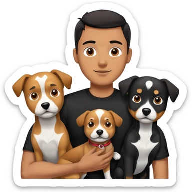 Bold man with two dogs, one black and one black with white sticker