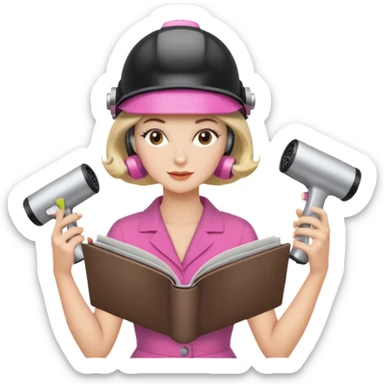 Emoji de mujer con casco secador, pelo recogido, rulos y leyendo revista cogiéndola con las dos manos estilo vintage chic sticker