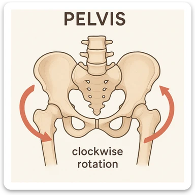 anatomical pelvis, arrows showing clockwise rotation, simple and clear, educational style, medical illustration sticker