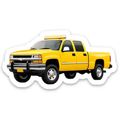 Bright yellow 1997 Chevrolet C-2500 Crew Cab Silverado pickup truck from Kill Bill movie, 30-degree angle view, iconic bright yellow color scheme, four-door crew cab, iOS emoji style sticker