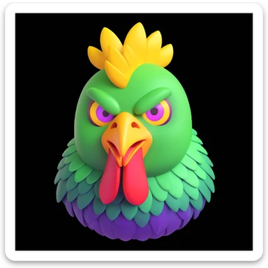 3D cartoon emoji of a chicken-alien hybrid with a geometric green head, uneven chicken comb, three glowing yellow eyes, metallic beak, jagged purple scales instead of feathers, toxic waste green background, clean lines, high contrast sticker