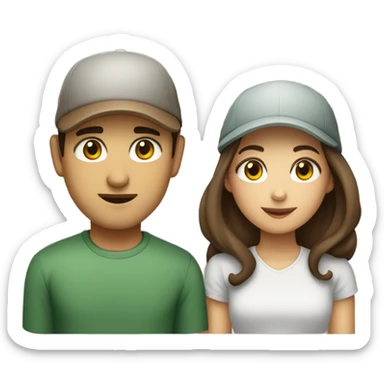 Couple mixte, girl brown hair, gray green eyes, small thin mouth, European type, man, Indonesian type, with a cap sticker