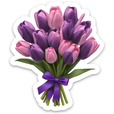beautiful aesthetic bouquet composed of dark purple and light pink tulips tied with a silk purple ribbon sticker