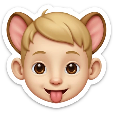 a boy with small eyes with big human ears and with his tongue out sticker
