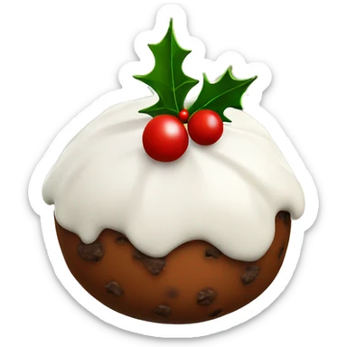 Christmas pudding with white icing and a sprig of holly sticker