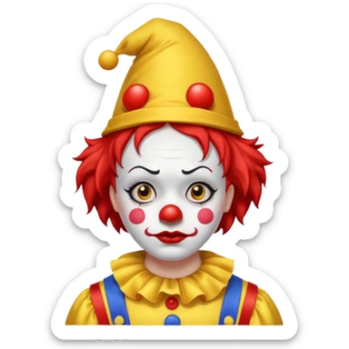 Yellow pointed hat with a red tip.

Red hair sticking out on the sides.

White face paint with black eyebrows, red nose, and red lips.

Wearing a yellow clown costume with red buttons.

Sad, concerned expression. sticker