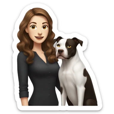 white woman with long brown hair and cat shaped eyes standing alongside a happy black pitbull  sticker