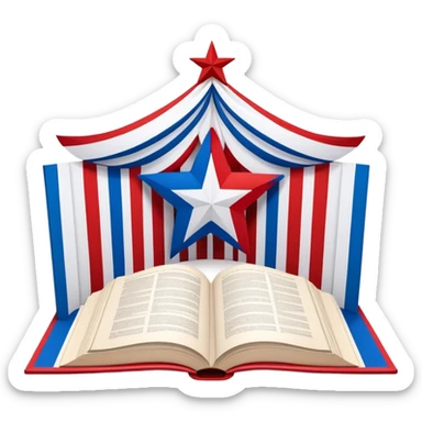 Theater scenography book with pages forming the Puerto Rican flag design, red and blue stripes with white star, showing stage elements and set designs sticker