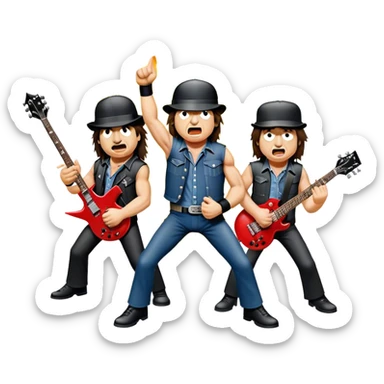 Cinematic Realistic AC/DC Band Emoji, depicted as a high-energy rock ensemble with electrifying stage presence and gritty textures, rendered with bold vibrant lighting that captures the raw power and rebellious spirit of their music. sticker