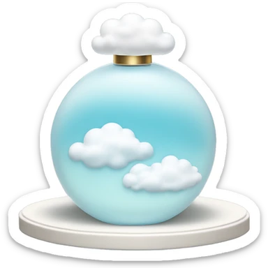 light blue round perfume bottle with large white cloud decoration at its base sticker
