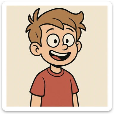 young boy, brownish blonde hair, red shirt, cheerful, clean background, cartoon style sticker