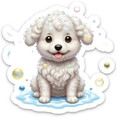 white curly dog with soap bubbles sticker
