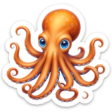 Cinematic Noble Octopus Portrait Emoji, Poised and enchanting, with a light orange body adorned with vibrant blue rings and eight delightfully curling arms with gentle suckers, large sparkling eyes exuding warmth and playfulness, Simplified yet charmingly expressive features, highly detailed, glowing with a soft, magical underwater radiance, high shine, intelligent and irresistibly cute, stylized with an air of whimsical marine enchantment, focused and fluid, soft glowing outline, capturing the essence of a watchful and endearing octopus that appears ready to float out of the screen with delightful charm! sticker