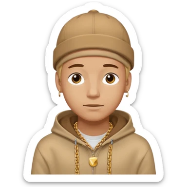 {
  "type": "human",
  "look": "male, tan hoodie, brown cap, gold jewelry, calm face, front view",
  "description": "a young man wearing a hoodie and cap, looking relaxed and confident"
} sticker