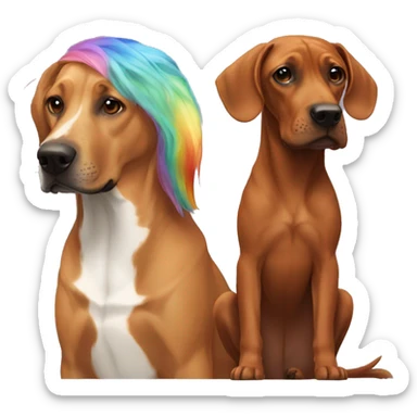 white male with long rainbow colored hair alongside a brown rhodesian ridgeback sticker