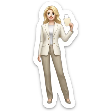 Full height pale skin woman with blonde Straightened Hair to shoulders, White classical jacket, beige Arrow pants and gray blouse holding a color palette in the hands sticker