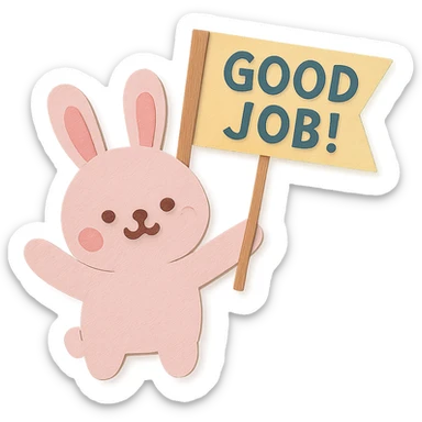 baby pink bunny waving a "Good Job!" flag, paper-craft style sticker