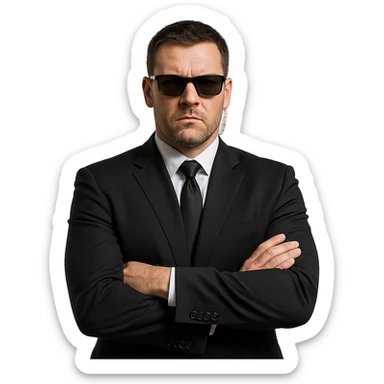 bodyguard with tough expression, wearing black suit, sunglasses, and earpiece, standing confidently sticker