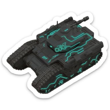A top down view of a robot with tank tracks, in a cyber punk futuristic style far beyond what is currently available today, from the year 3000, the camera needs to be directly above the robot looking down sticker