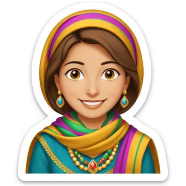 Kurdish woman in traditional dress, colorful scarf, gold jewelry, smiling, simple background sticker