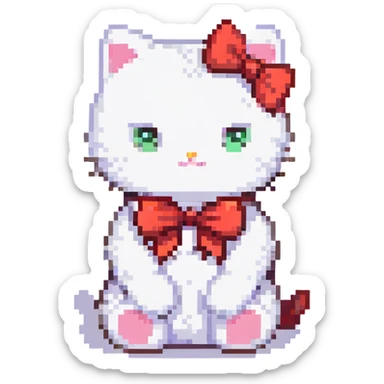Hello Kitty white cat with red bow sitting with a teddy bear cute pose pixel art style sticker