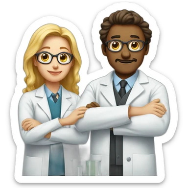 A pair of scientists in the middle of an experiment (one man and one woman) sticker