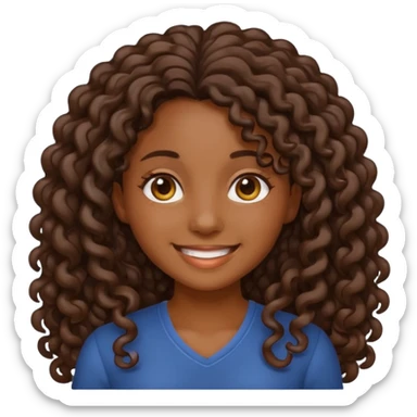 sticker style iPhone emoji of a dark-skinned girl with long curly hair, smiling, transparent background sticker