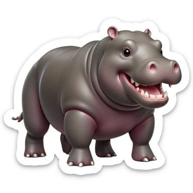 cinematic-hippo-realistic-full-body side view-standing on all fours-emoji,-massive-round-frame,-wide-mouthed-grin-exposing-huge-teeth,-head-tilted-dramatically,-thick-greyish-brown-hide-glossy-from-water,-simplified-yet-realistic-focused-features,-highly-detailed,-glowing-with-an-almost-sarcastic-glow showing only 4 theeth sticker