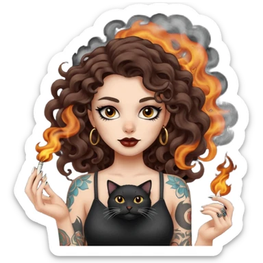 woman with long curly brown hair, brown eyes, white skin, tattoos, black cat turning into smoke and back sticker