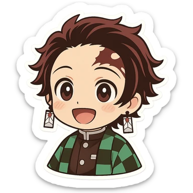 Tanjiro Kamado from Demon Slayer, chibi style, big eyes, green and black checkered haori, hanafuda earrings, smiling sticker