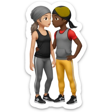 A girl with dark brown hair, light skin and blue wear black leggings and a black tank top kissing a boy with dark skin and a grey tracksuit wearing a du rag  sticker