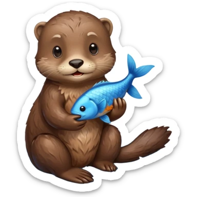 adorable otter floating on clearly visible blue water with waves, holding a fish sticker