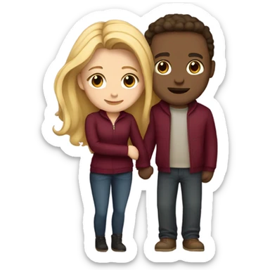 Cute couple hugging with burgundy clothes, she has blonde log hair and he has brown hair sticker