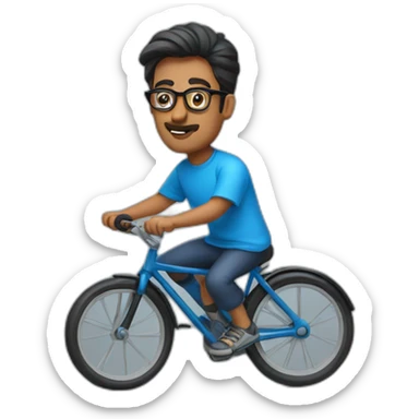 Indian man in blue tshirt and black specs and cycle sticker