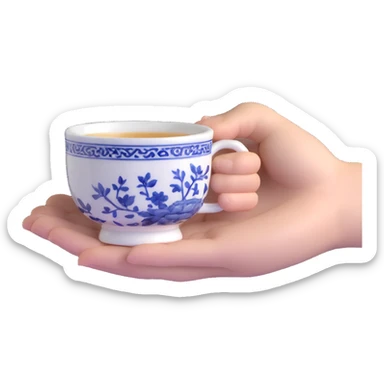 human hand holding a small traditional Chinese blue and white porcelain tea cup without handle sticker