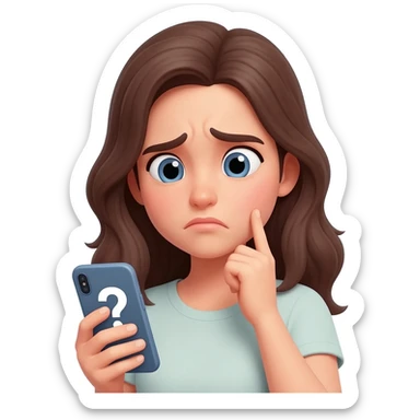 Girl looking at her phone with wondering face and a question mark sticker