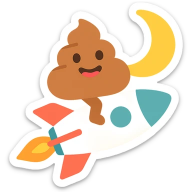 cartoon turd with lipstick sitting on a rocket flying toward the moon, colorful icon sticker